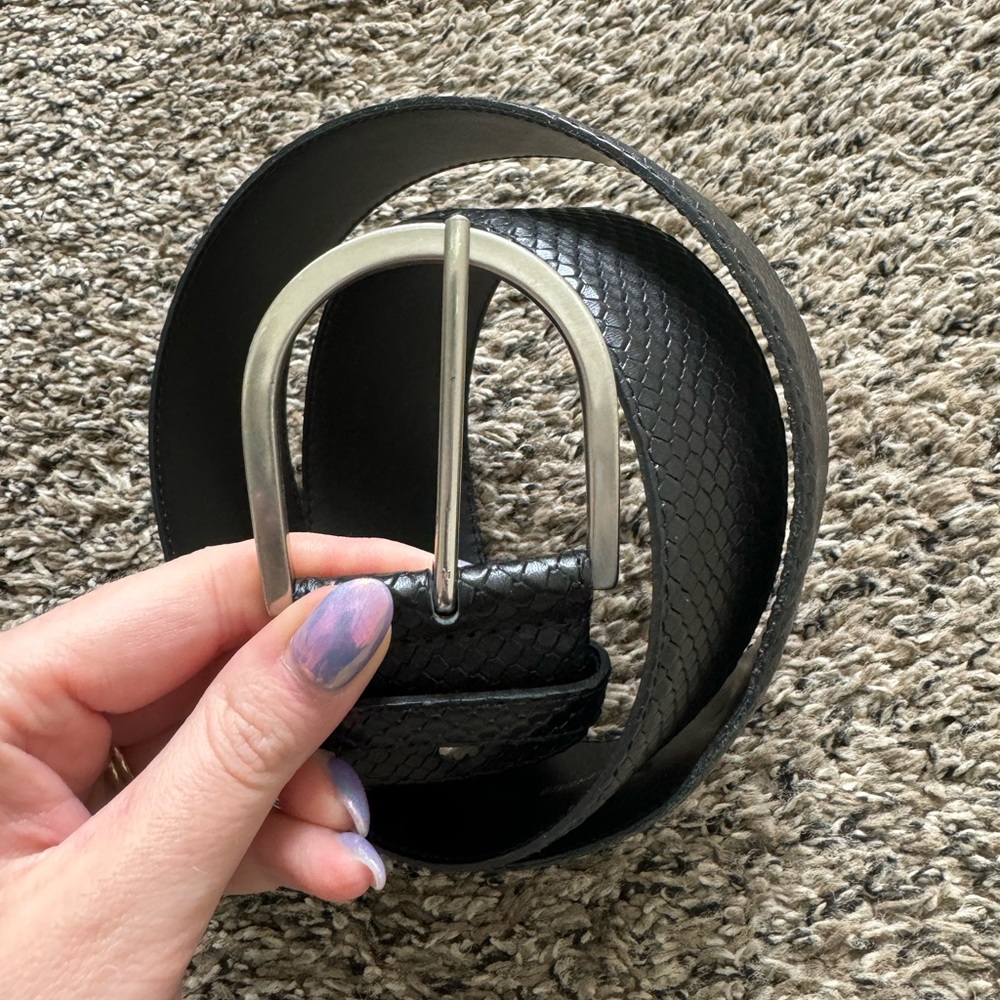 Tailored Sportsman Viperetta Leather Black Belt Buckle Silver Tone Size M Italy